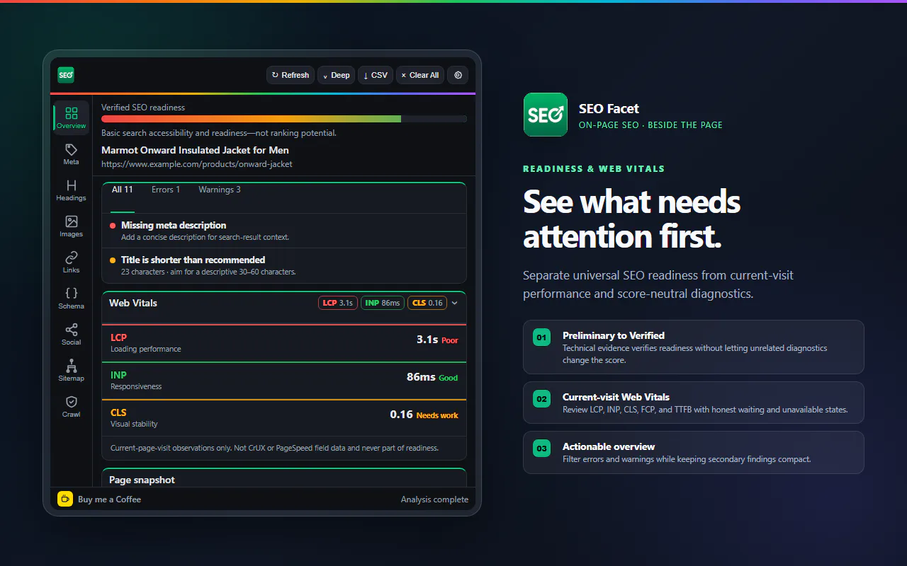 SEO Facet overview showing readiness findings and current visit Web Vitals